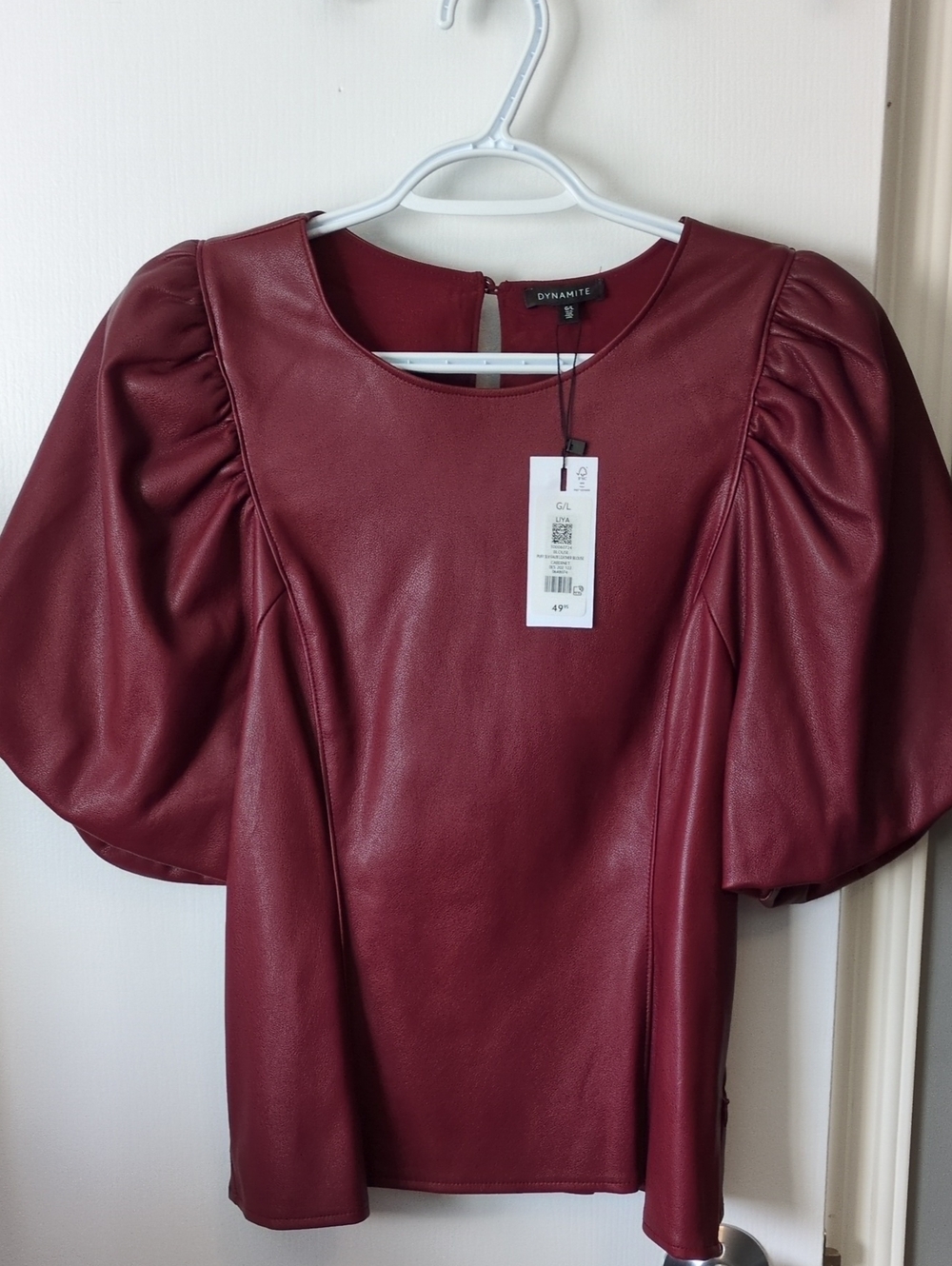 Dynamite Burgundy Puff-Sleeve Vegan Leather Top